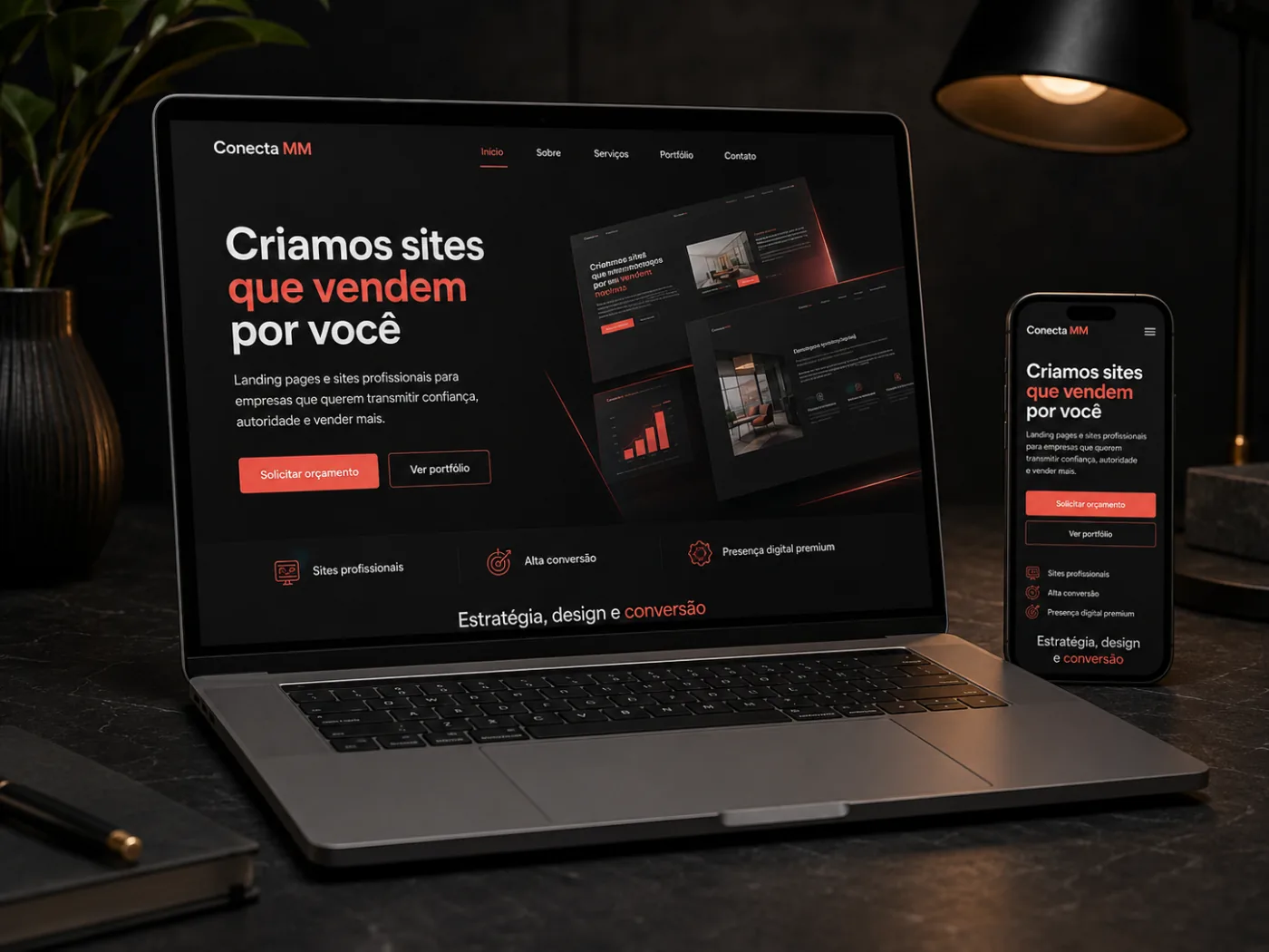 Mockup de notebook e smartphone exibindo site profissional da Conecta MM